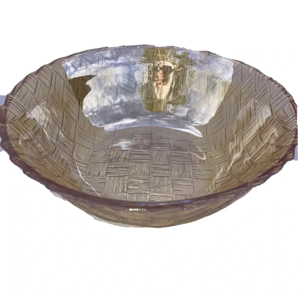 Vintage Amber Cross Cross Basket Weave Carnival Glass Serving Bowl. 9